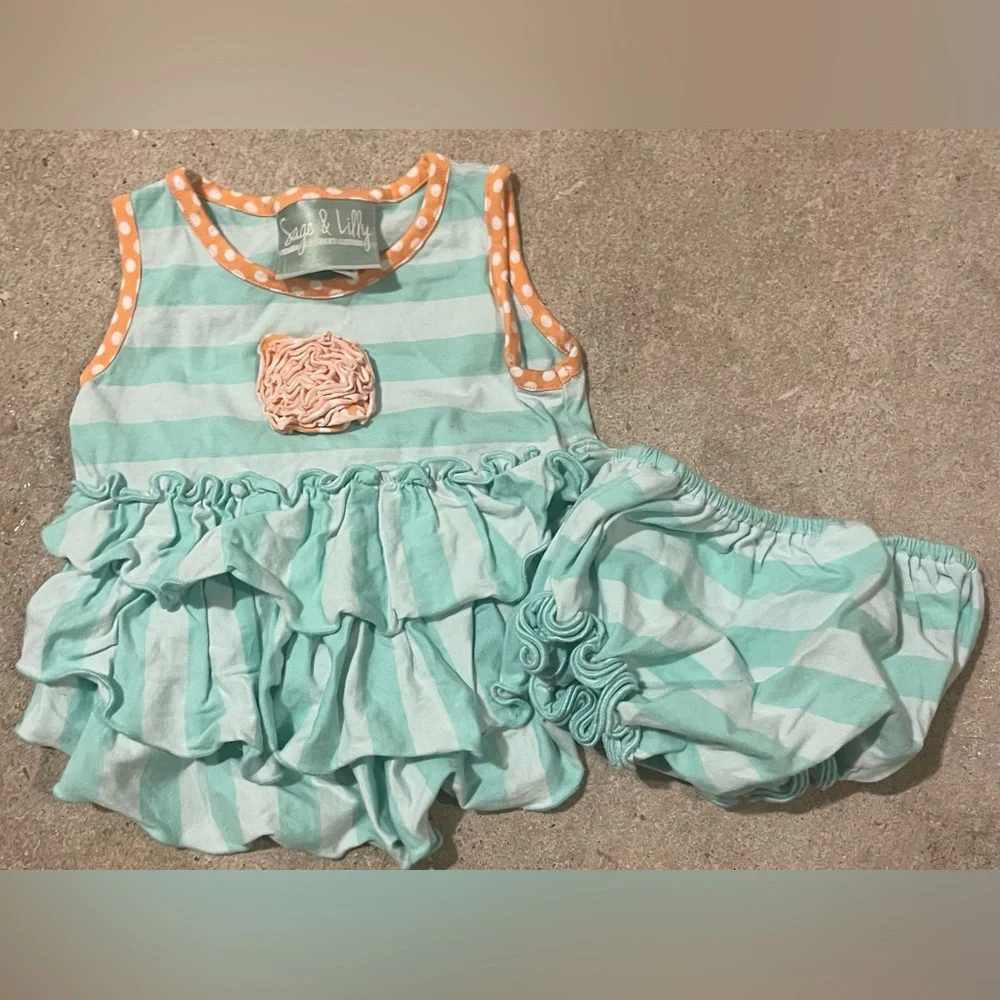 Toddler girls striped aqua and orange ruffle outfit